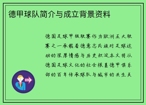 德甲球队简介与成立背景资料