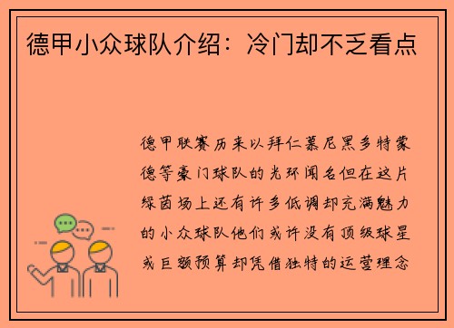 德甲小众球队介绍：冷门却不乏看点